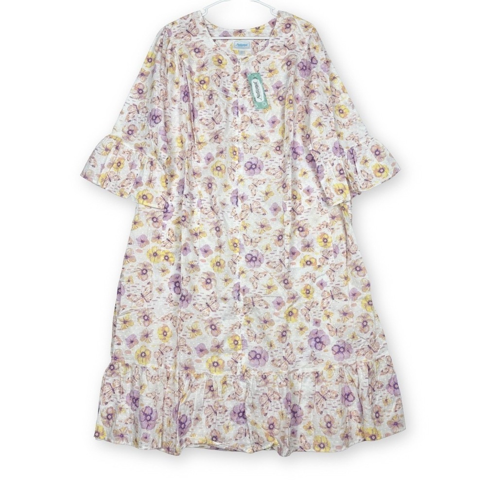 National Floral Butterfly Swiss Dot Lounger Dress Purple Yellow 2X 22251 NWT